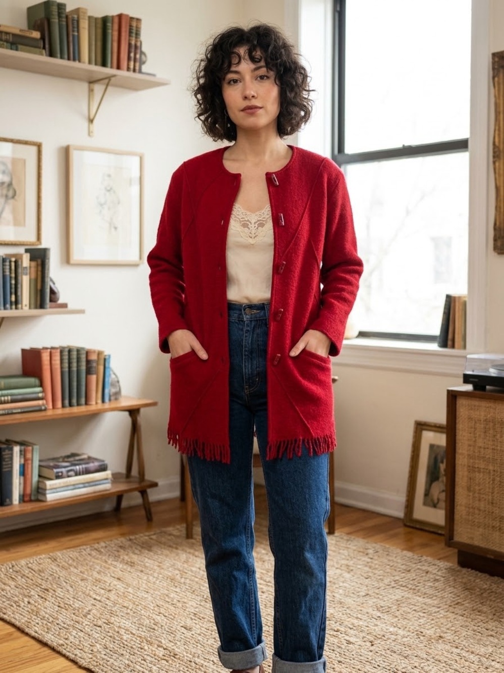 Vintage Conrad C Proportion Petite 100% Wool Red Fringe Cardigan Jacket XS